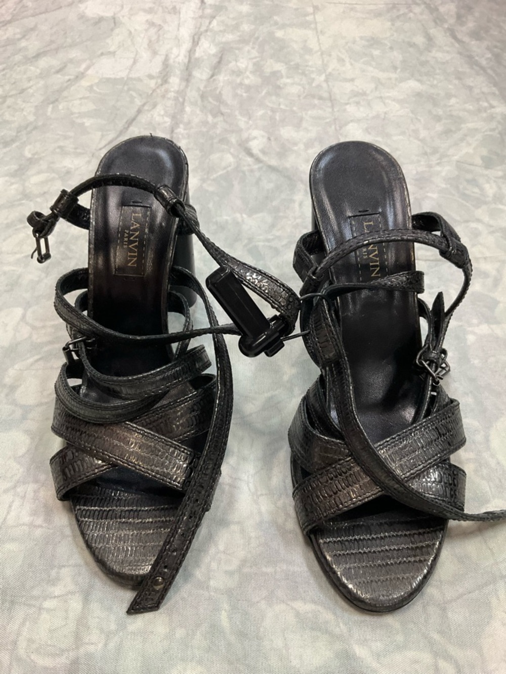 Lanvin Black Textured Leather Strappy Heels